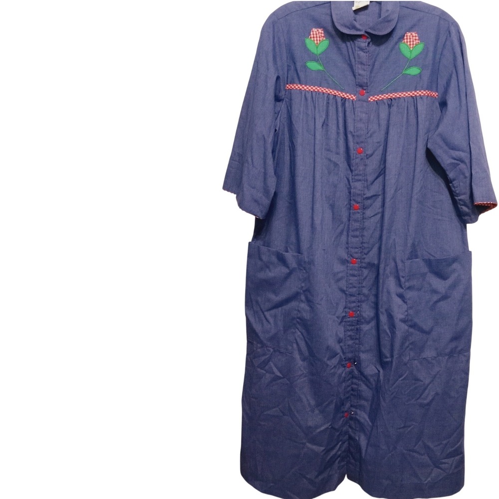 Models Coat Vintage Blue Chambray House Dress Snap Closure Robe Duster Size 12